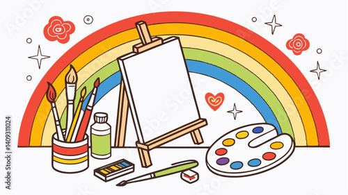 Blank canvas ready for art rainbow backdrop vibrant colors paintbrushes palette easel artistic