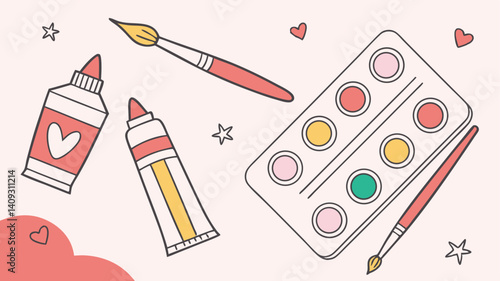Colorful art supplies paint tubes brushes and watercolor palette ready for creative fun simple flat