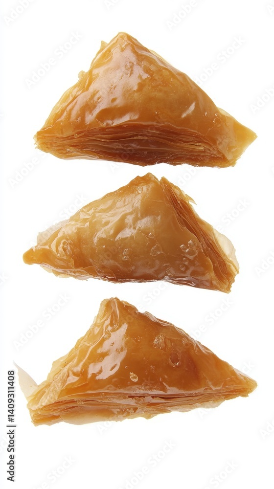 Three golden brown baklava pastries stacked vertically on a clean white background creating a tempting dessert still life studio shot Three golden brown baklava pastries stacked vertically on a clean white background creating a tempting dessert still life studio shot
