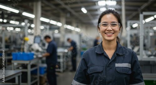 Woman worker in manufacturing setting with safety glasses smiling