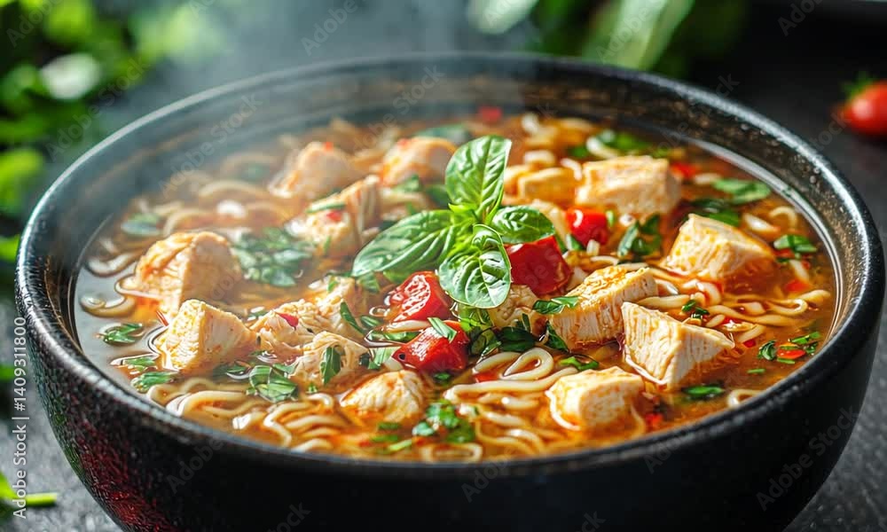 Spicy chicken noodle soup in a bowl. Spicy chicken noodle soup in a bowl.
