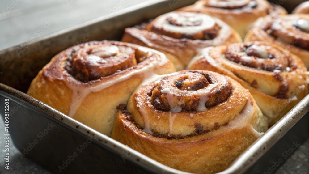 food blog photography Freshly baked cinnamon rolls in a pan, glistening with icing and ready to enjoy. food blog photography Freshly baked cinnamon rolls in a pan, glistening with icing and ready to enjoy.