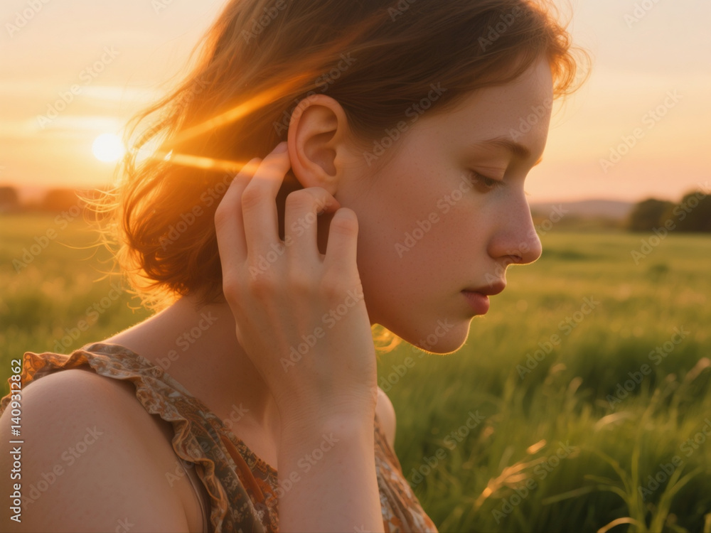 Side Profile of Woman with Short Hair in Floral Vest Against Sunset Meadow