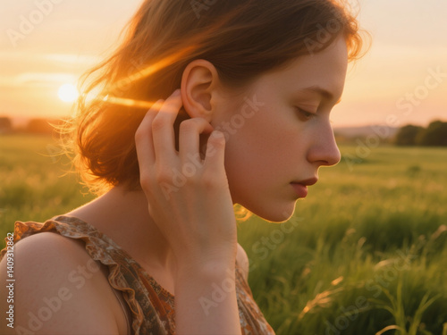 Obraz na płótnie Side Profile of Woman with Short Hair in Floral Vest Against Sunset Meadow w salonie