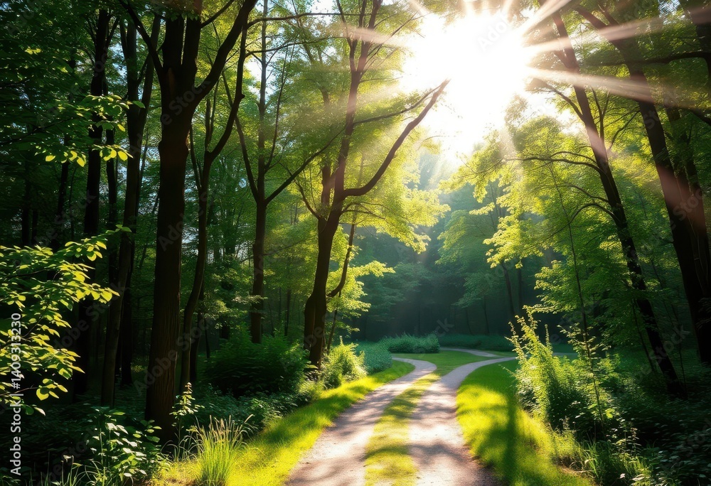 Obraz premium Sun-dappled path winds through lush green summer forest, bright, sunny