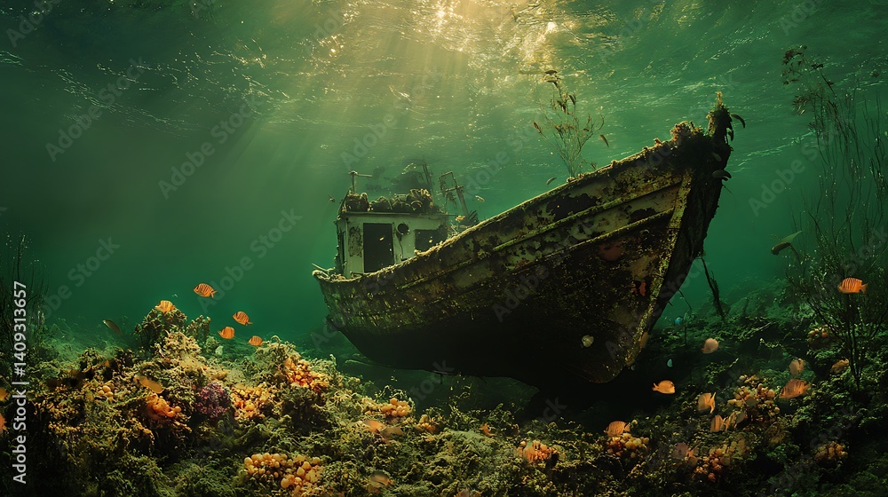 Sunken Ship In The Ocean With Sunlight And Colorful Fishes Swimming Around Sunken Ship In The Ocean With Sunlight And Colorful Fishes Swimming Around