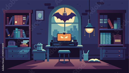 A dimlylit bat transformed into a home office with worn but wellloved coding books keeping company with a vintage typewriter.. Vector illustration