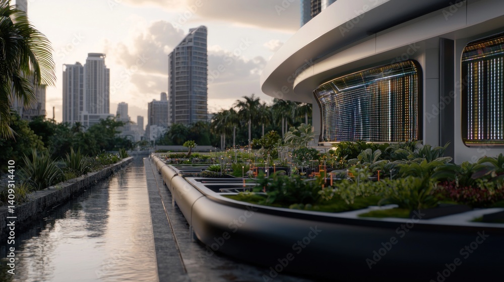 Fototapeta premium Modern building exterior, urban park, canal, lush greenery, city skyline