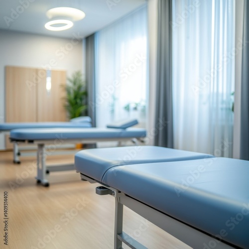 Serene physical therapy room with blue treatment tables and natural light creating a calming atmosphere for healing and wellness