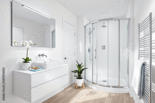 Wallpaper Mural modern bright white minimalist bathroom interior with shower sink and plants Torontodigital.ca