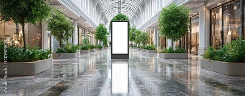 Digital signage mockup at shopping mall for retail promo – shopping mall digital signage mockup with empty screen – retail promo display using digital signage at shopping mall