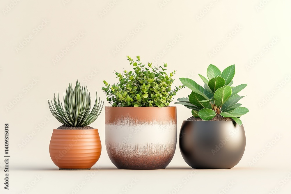 Three potted plants in varying terracotta-style planters. Three potted plants in varying terracotta-style planters.