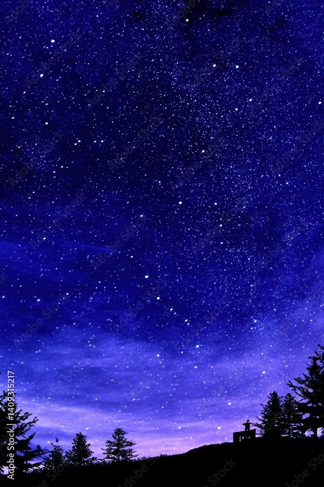 Fototapeta premium Enchanting nightscape of starry sky over silhouette trees and hill creating a serene and magical atmosphere with a person sitting on a bench under the vast cosmos