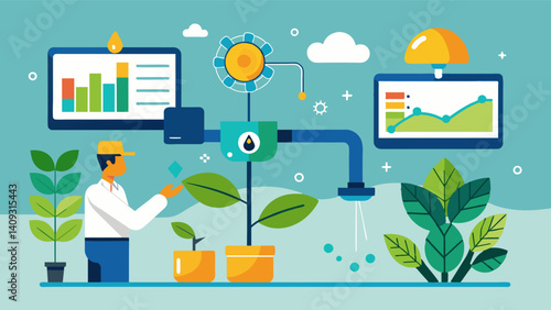 Irrigation Optimization AI algorithms constantly analyze data and make adjustments to irrigation schedules ensuring maximum water conservation and plant health.. Vector illustration