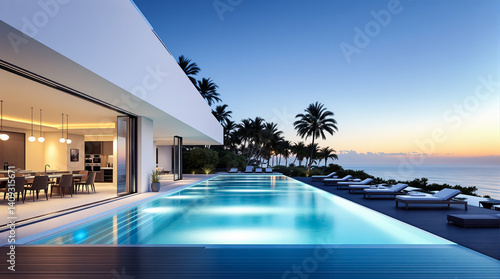 modern house with infinity pool overlooking ocean at sunset