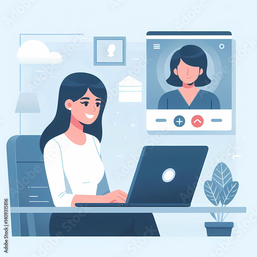 Flat style vector of a woman attending a video call on his laptop, minimalist design, white background, simple interface elements