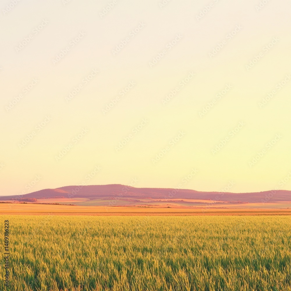 Fototapeta premium Serene vista of golden wheat field meeting distant hills under pastel sky at sunset rural landscape