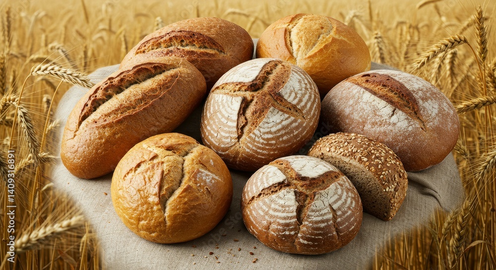 Freshly Baked Bread Loaves on Table in Wheat Field Freshly Baked Bread Loaves on Table in Wheat Field