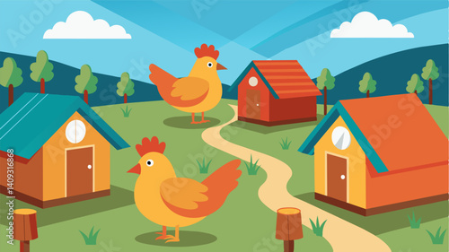 The barren chicken coops serve as a visual representation of the economic challenges facing smallscale poultry operations.. Vector illustration