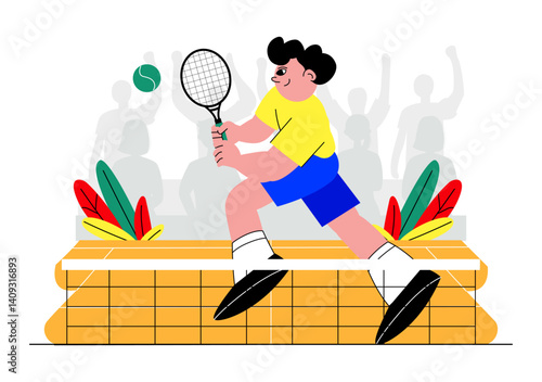 Vector illustration of a Tennis Player Holding a Racket with a Ball on the Court during a Sports Match in a Flat Cartoon Style Background