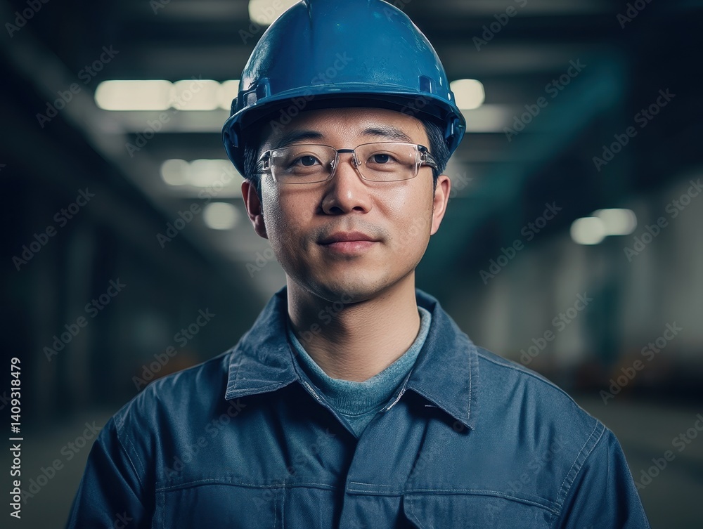 Portrait of a Skilled Engineer: A focused and competent engineer, wearing a hard hat and spectacles, gazes with assurance in a vast industrial complex. Portrait of a Skilled Engineer: A focused and competent engineer, wearing a hard hat and spectacles, gazes with assurance in a vast industrial complex.