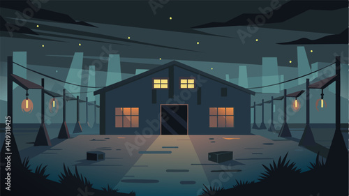 The flickering lights above the deserted warehouse cast a gloomy ominous atmosphere reflecting the bleak reality of food scarcity.. Vector illustration