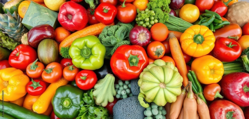 Vibrant colorful array of fresh fruits and vegetables, market, design
