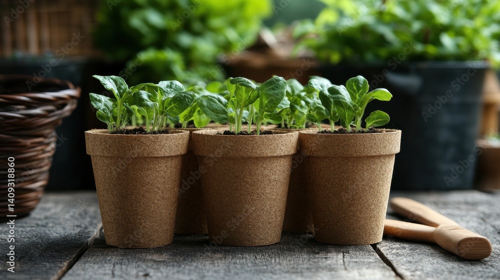 Fresh seedlings thriving in biodegradable pots on a rustic wooden table under soft natural light Fresh seedlings thriving in biodegradable pots on a rustic wooden table under soft natural light