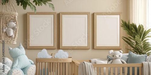 Wallpaper Mural Nursery Interior Mockup: Three blank frames hang above a wooden crib in a stylish nursery setting, offering a blank canvas for your design inspiration. Torontodigital.ca