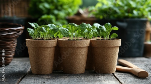 Fresh seedlings thriving in biodegradable pots on a rustic wooden table under soft natural light