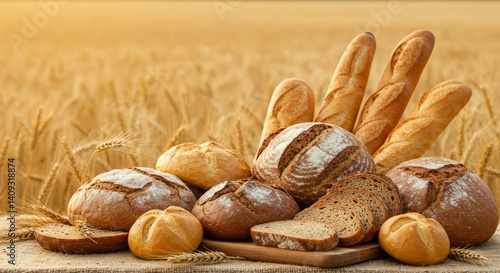 Fresh Baked Bread and Rolls in Wheat Field at Sunset