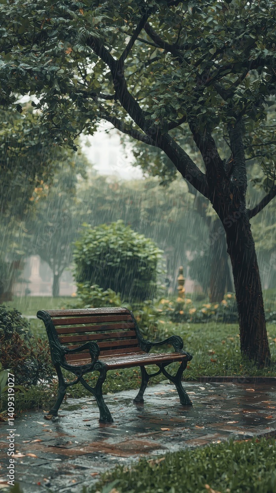 Lonely park bench urban park high fidelity image rainy atmosphere ground level view melancholic serenity Lonely park bench urban park high fidelity image rainy atmosphere ground level view melancholic serenity