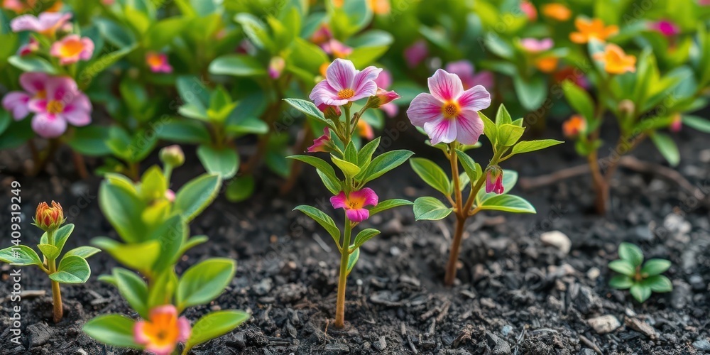 Vibrant green leaves, blooming flowers, new saplings planted in fertile soil, trees, foliage Vibrant green leaves, blooming flowers, new saplings planted in fertile soil, trees, foliage