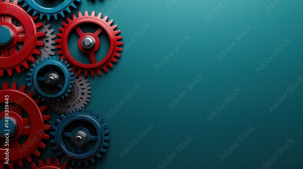 Interlocking Red and Blue Gears on Teal Background Interlocking Red and Blue Gears on Teal Background