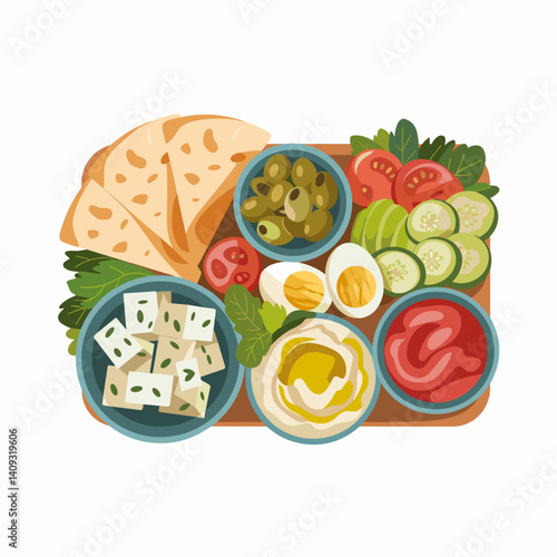 Mediterranean Breakfast Platter with Hummus, Feta, and Pita