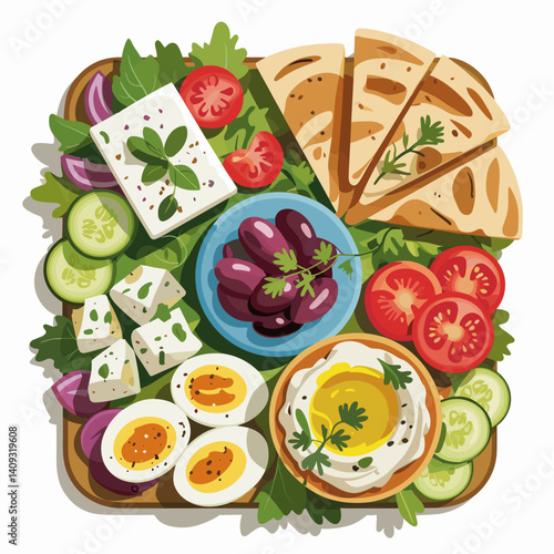 Mediterranean Breakfast Platter with Hummus, Feta, and Pita