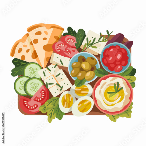 Mediterranean Breakfast Platter with Hummus, Feta, and Pita
