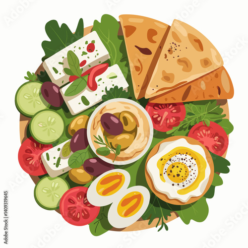 Mediterranean Breakfast Platter with Hummus, Feta, and Pita