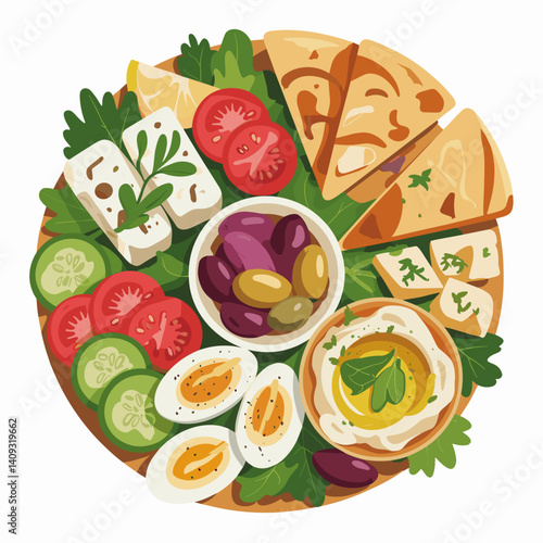 Mediterranean Breakfast Platter with Hummus, Feta, and Pita