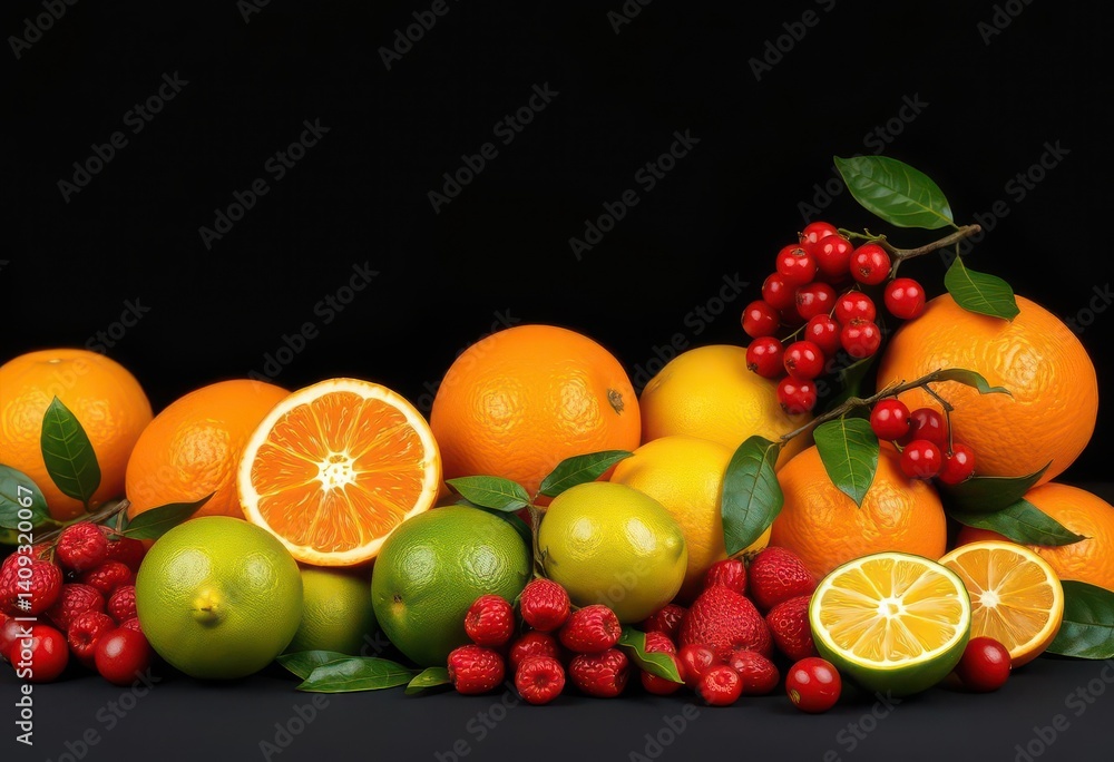 Vibrant oranges, lemons, limes, and berries against a stark black backdrop, aesthetic, fruit Vibrant oranges, lemons, limes, and berries against a stark black backdrop, aesthetic, fruit