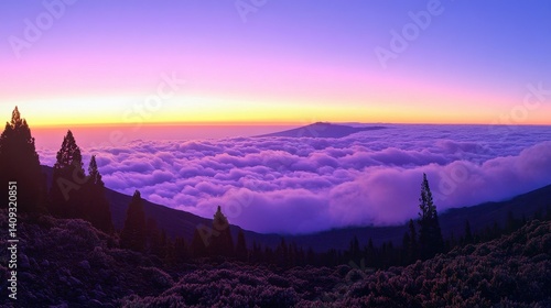 Sunset Above the Clouds: A breathtaking panorama captures the vibrant hues of a sunset painting the sky above a boundless sea of clouds, with silhouettes of pine trees adding depth to the scene.
