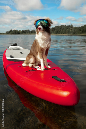 cute Border Collie puppy dog in red life jacket for animals and sports glasses for dogs swimming on a river on a red SUP board on a sunny morning dawn. Water on the river in the form of waves