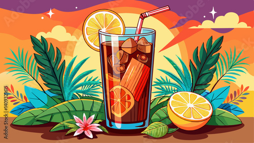 Coca Coke cocktail in a tall glass cuba libre. refreshing summer drink