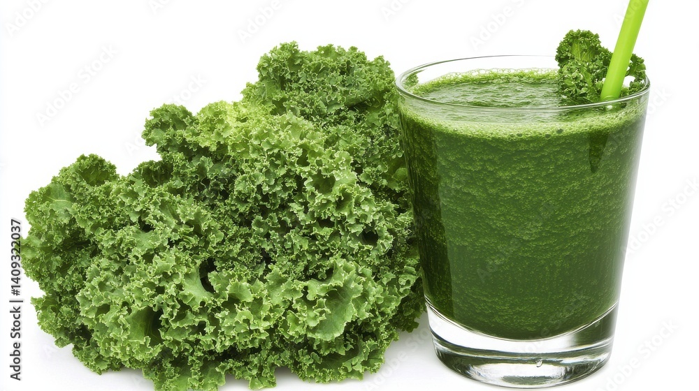 Fresh Green Kale Juice with Fresh Kale Leaves on White Background Fresh Green Kale Juice with Fresh Kale Leaves on White Background