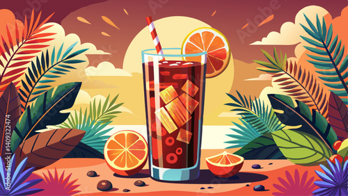 Coca Coke cocktail in a tall glass cuba libre. refreshing summer drink