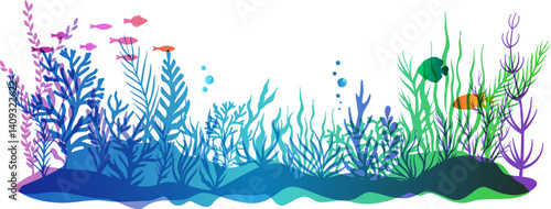 Undersea or aquarium colorful landscape scene.  Underwater plants, corals and reef wildlife. Vector illustration with deep marine inhabitants in overlay style.
