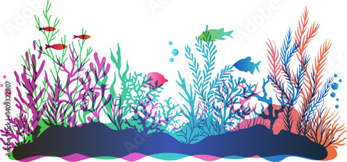 Undersea or aquarium colorful landscape scene.  Underwater plants, corals and reef wildlife. Vector illustration with deep marine inhabitants in overlay style.