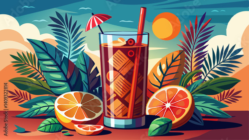 Coca Coke cocktail in a tall glass cuba libre. refreshing summer drink