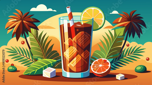Coca Coke cocktail in a tall glass cuba libre. refreshing summer drink