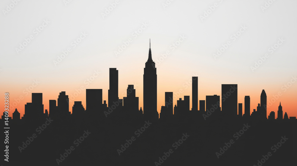 Fototapeta premium City skyline silhouette at sunset, featuring tall buildings and prominent tower, creating dramatic urban landscape